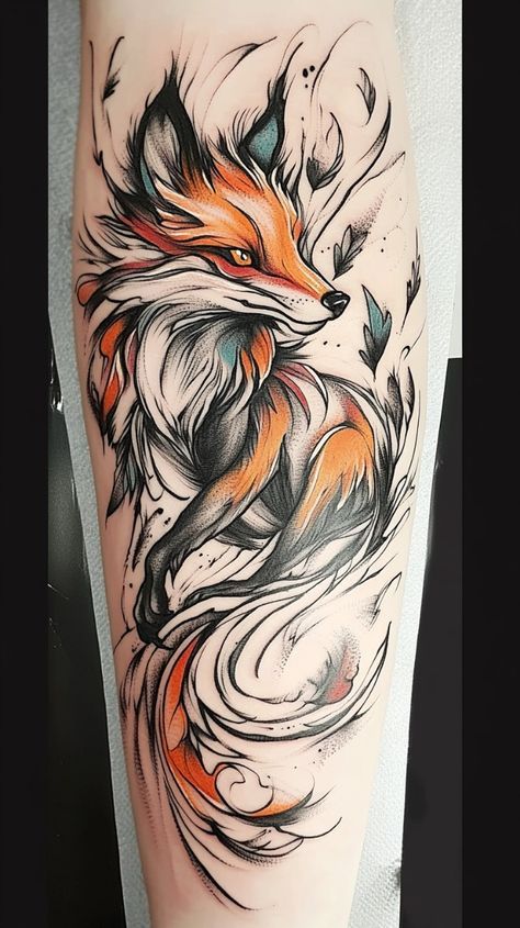 Fox Tattoo For Man, Fire Fox Tattoo, Cute Spine Tattoos, Fox Tattoo Men, Fox Symbolism, Tattoos For Dad, Fox Spirit Animal, Kitsune Tattoo, Simple Cat Makeup