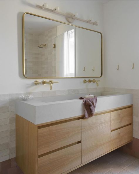 Audrey Crisp | Interiors on Instagram: “What an amazing bathroom makeover! I love the trough style sink and double brass wall mounted faucets! Gorgeous white oak vanity too!…” Trough Sink Bathroom Double, Trough Sink Bathroom, What Is Interior Design, Trough Sink, Large Vanity, Big Mirror, Wall Mount Faucet, Vanity Lights, Sink Vanity