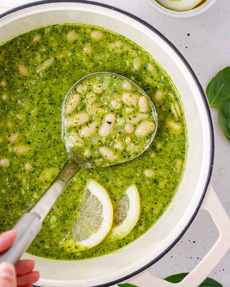 Pesto White Bean Soup, Vegetable Pesto Soup, Bean Broth Soup, Pesto Bean Soup, Greens And Beans Soup, White Beans Soup, Chicken Pesto Soup, Pesto Beans, Pesto White Bean