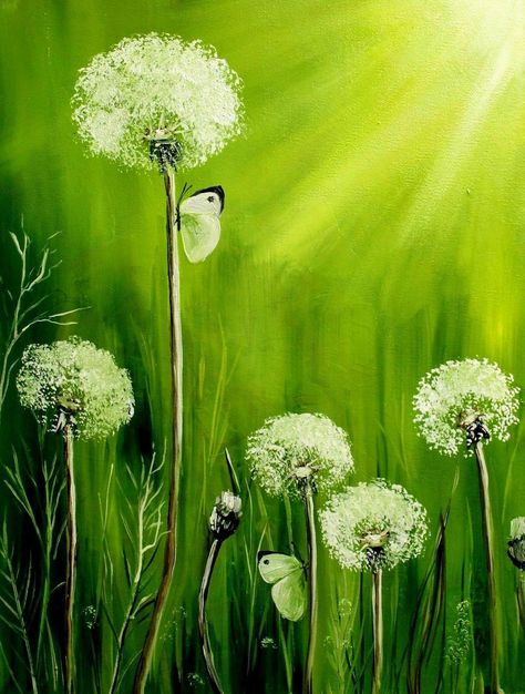 Dandelion nature Paintings Of Dandelions, All Green Painting, March Painting Ideas, Green Drawing Ideas, Green Painting Ideas, Green Flower Painting, Dandelions Painting, Dandelion Painting, Green Painting