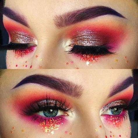 Red festival makeup Red Festival Makeup, Coachella Make-up, Coachella Makeup, Fantasy Make-up, Festival Makeup Rave, Make Up Gold, Festival Makeup Glitter, Festival Make Up, Rave Makeup