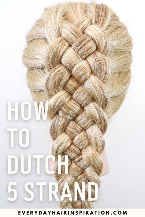 Dutch five strand braid Dutch 5 Strand Braid, Five Strand Dutch Braid, Dutch Braid Hairstyles Tutorials, 5 Strand Dutch Braid, Voluminous Braid, Plaits Tutorial, Braid For Beginners, Braid Step By Step, Four Strand Braid