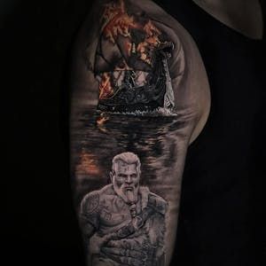 Tattoo uploaded by Liam Jey | Viking sleeve #vikingtattoo #blackandgreytattoo | 1333710 | Tattoodo Viking Sleeve, Best Tattoos For Men, Viking Boat, Ship Tattoo, Cool Tattoos For Guys, Water Reflection, Fire Flame, Book Tattoo, Viking Tattoos