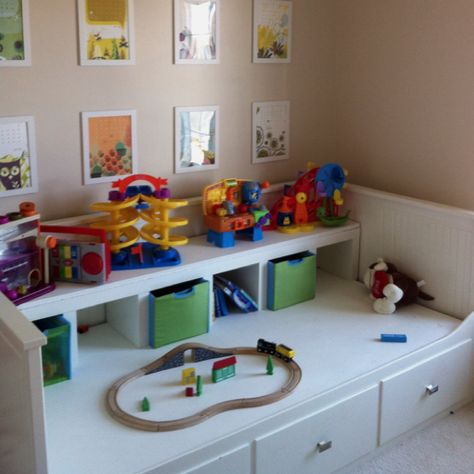 Daybed turned into activity table...when guests visit, the table converts to a twin or king size bed.  Ikea hack. Playroom Daybed, Daybed Nursery, Daybed Hack, Bed Ikea Hack, Guest Room Daybed, Ikea Hack Bookcase, Hemnes Daybed, Playroom/guest Room, Toddler Room Organization