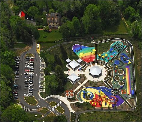 Clemyjontri Park, Fairfax County, Virginia. Built with children with disabilities in mind, the entire park is equipped with ramps for wheelchairs. The ground surfaces are specially designed with non-slip material. #inspired #playgrounds #kids Cool Playgrounds, Fairfax County, Children Park, Virginia Is For Lovers, Park Playground, Playground Design, Outdoor Rooms, Aerial View, Landscape Architecture