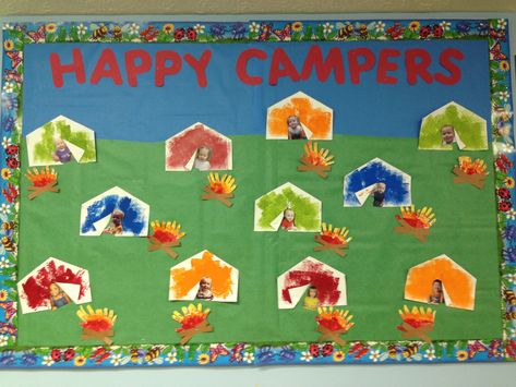 Camping bulletin board Camping Bulletin Board, Preschool Camping Activities, Camping Crafts Preschool, Camping Bulletin Boards, Preschool Door Decorations, Toddler Bulletin Boards, Daycare Bulletin Boards, Camping Preschool, Camping Theme Preschool