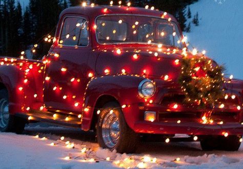 Red truck decorated with lights December Magic, Old Red Truck, Christmas Cars, Mountain Christmas, Sweet Sunday, Santa's Village, Cottage Christmas, Christmas Car, Christmas Truck