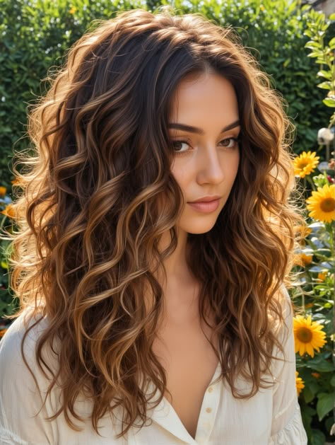 Natural Curly Brunette Hair, Light Brown Balayage Long Hair, Caramel Bronde Balayage Brunettes, Lowlights Before And After, Hair Color Ideas For Brunettes Curly, Low Light Highlights, Wavy Hair Balayage, Wavy Hair Brunette, Pelo Ondulado Natural