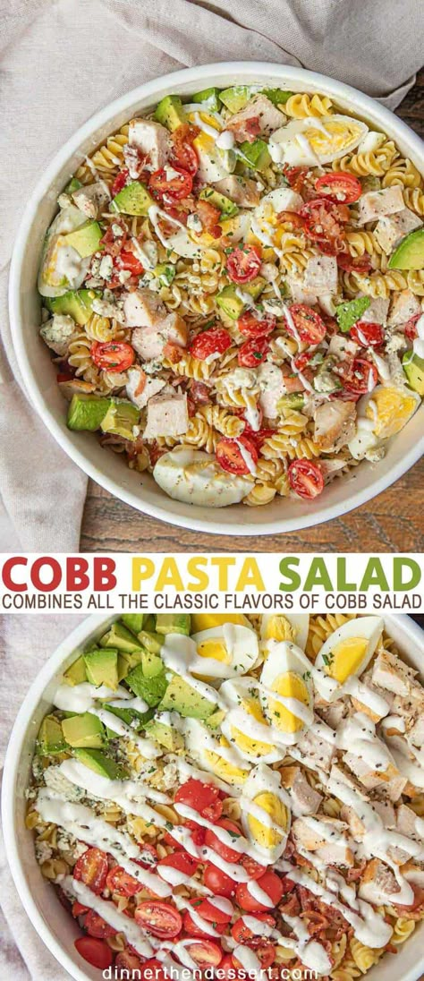 Cobb Pasta Salad, Pasta Salad With Chicken, Classic Cobb Salad, Antipasto Pasta Salads, Chicken Bacon Pasta, Cobb Salad Recipe, Dinner Then Dessert, Chicken Ranch, Bacon Pasta