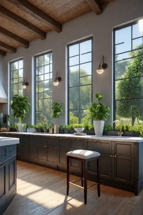 Kitchen with large windows and natural light Kitchen Island Window Wall, Tall Window In Kitchen, Full Window Kitchen, Modern Kitchen With Windows, Big Kitchen Windows, Kitchen With Lots Of Windows, Kitchen Large Windows, Kitchen Window Wall, Kitchen With Large Windows