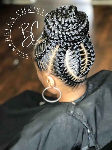 Pin by Tynisha Clarke on Hairstyles | Goddess braids hairstyles, Braided bun hairstyles, Braided updo black hair Updo Braids For Black Hair High Bun, Feedin Ponytail Braids, Braided Updo Black Hair, Cornrow Updo, Cornrow Updo Hairstyles, Braided Bun Styles, Cornrows Updo, Goddess Braids Updo, Feed In Braids Ponytail