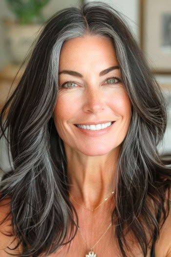 If you have dark hair, allowing your grays to blend into your dark hair color can be transformative, giving your hair dimension and a natural yet elegant look. These examples of gray blending for dark Long Bob Grey Hair, Dark Hair Grey Blending, Long Hair Bob Styles, Kratke Frizure, Gray Hair Blending, Gray Transition, Grey Transition, Angled Hair, Gray Blending