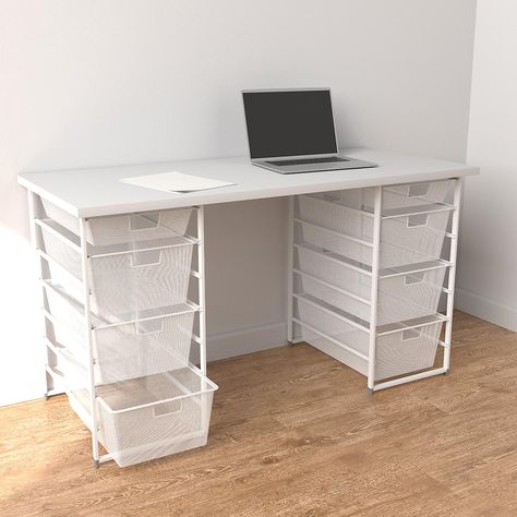 Elfa White Desk with Double Drawers | The Container Store Elfa Desk, Elfa Office, College Apartment Room Ideas, Craft Playroom, Driftwood Desk, Custom Closet Shelving, Kids Playroom Storage, She Shed Office, Apartment Room Ideas