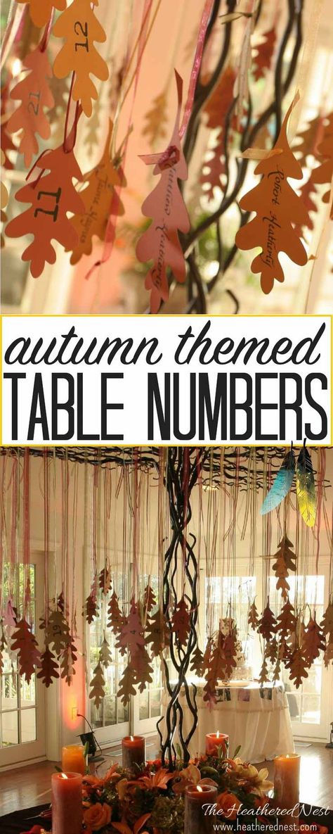 GORGEOUS and budget-friendly DIY wedding details. LOVE these autumn leaf table numbers hung on a beautiful wrought iron tree. Sources and supplies in this post from heatherednest.com Table Number Ideas, Diy Place Cards, Place Cards Table, Diy Birthday Banner, Number Ideas, Diy Wedding Reception, Cards Table, Table Setting Decor, Diy Holiday Decor