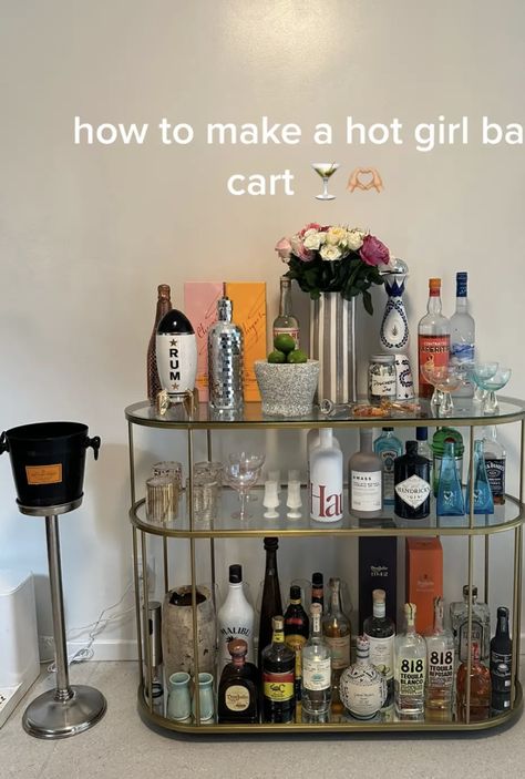 Drink Area In Living Room, Alcohol Storage Ideas Small Spaces, Mini Bar At Home Aesthetic, Bar Space In Living Room, Spritz Bar Cart, Apartment Mini Bar Ideas, Alcohol Cart Ideas, Bar Area Apartment, Mini Bar Bedroom