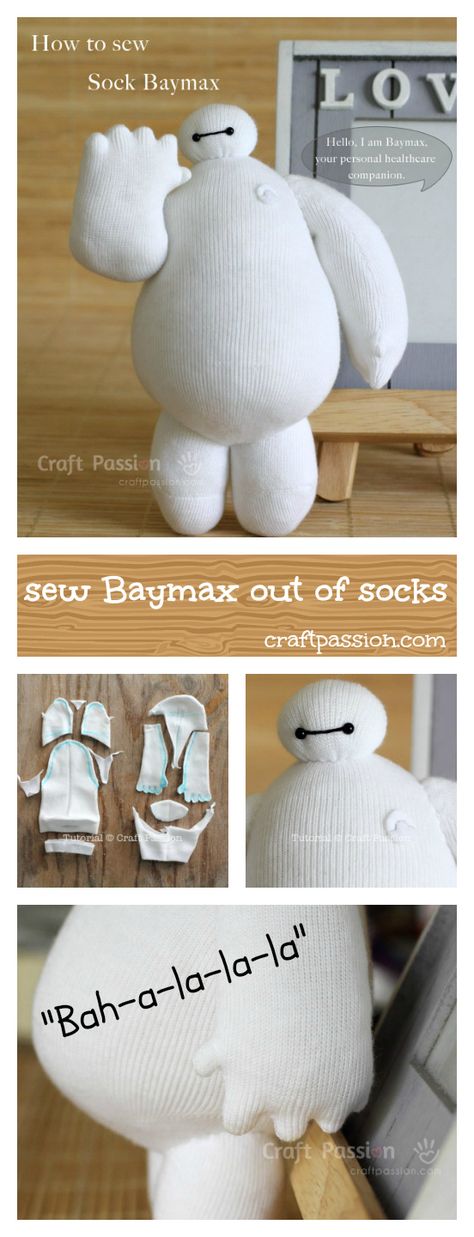 Full pattern and tutorial to show you how to sew sock Baymax, the cute robot in Big Hero 6 who is clumsy squishy in white vinyl balloon with 2-dots eyes. Cute Robot, Sock Doll, Sock Dolls, Sock Toys, Sock Crafts, Beginner Sewing Projects Easy, Sock Animals, Baymax, Hero 6