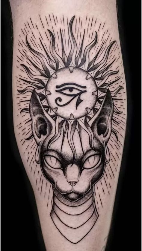 Egyptian Cat Tattoo For Women, Bastet Tattoo Egyptian Goddess, Baset Egyptian Goddess Tattoo, Sphinx Tattoo Egyptian, Anubis And Bastet Tattoo, Egypt Cat Tattoo, Bastet Tattoo Egyptian, Bastet Goddess Tattoo, Sekhmet Tattoo