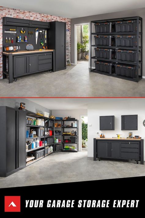 Modular Garage, Organization Garage, Garage Workshop Layout, Garage Storage Cabinet, Garage Storage Inspiration, Garage Workshop Plans, Garage Shelving Units, Garage Design Interior, Garage Organisation