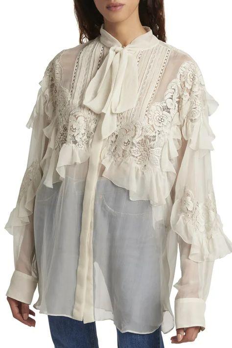 Delicate Gown, Top With Ruffles, Trendy Plus Size Fashion, Beaded Blouse, High Neck Blouse, Embroidery Top, Lace Chiffon, Designer Blouses, Neck Ruffle