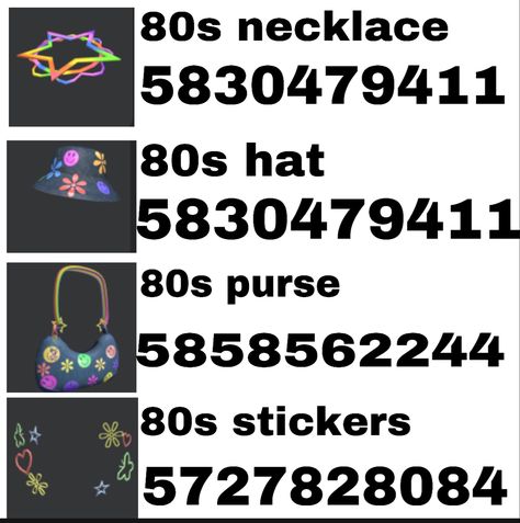 Roblox Avatar Codes, 80s Aesthetic Outfits, Accessory Codes, Bloxburg Clothes, 80s Accessories, Bloxburg Outfits, Outfit Creator, Bloxburg Codes, Roblox T Shirts