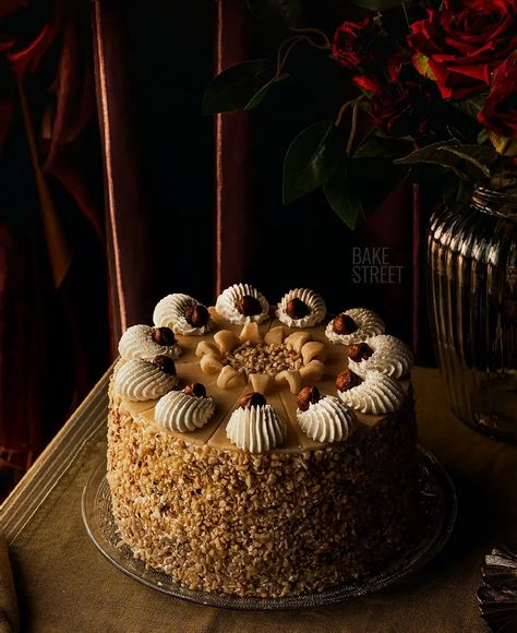 Cherry, hazelnut and marzipan cake Lübeck style - Bake-Street.com Rotating Cake Stand, Cake Cherry, Marzipan Cake, Ban Ban, Cherry Syrup, Cherry Filling, Creamed Honey, Cherry Candy, Pastry Bag