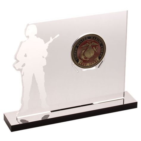 This one-of-a-kind acrylic coin stand features the silhouette of an armed service member. The stand is 5" in height and 6.5" in length and holds one 1.75" inch coin, the standard size of a challenge coin. Display a special military coin in your home with this. Marine Corps Bootcamp, Marine Family, Challenge Coin Holder, Boot Camp Graduation, Marine Outfit, Military Coins, Challenge Coin Display, Coin Stand, Gold Packaging