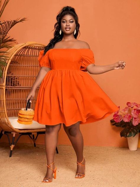 Plus Size Orange Dresses, Plus Size A Line, Plus Size Summer Dresses Party, Orange Plus Size Dress, Romantic Style Black Women, Orange Plus Size Outfits, Plus Sized Dresses, Shein Dresses Summer, Orange Summer Dress Outfit