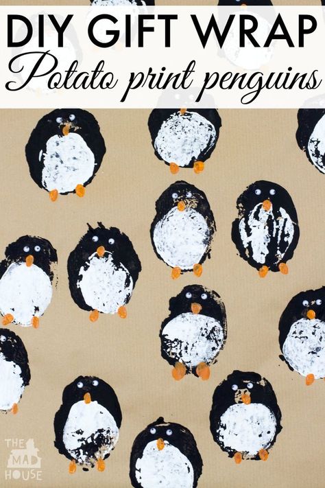 DIY gift wrap - potato print penguins. Create your own wrapping paper with this festive kids craft. It is simple to make and looks so effective. Christmas Wrapping Paper Diy, Diy Christmas Wrapping, Diy Christmas Wrapping Paper, Christmas Wrapping Diy, Potato Stamp, Diy Wrapping Paper, Diy Wrapping, Potato Print, Wrapping Techniques