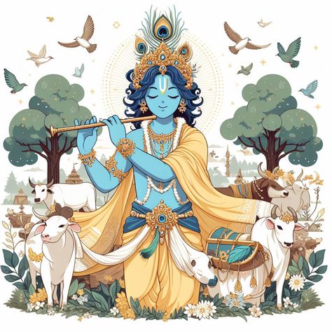 Krishna With Cow, Krishna Playing Flute, God Painting, Playing Flute, Cow Art, Krishna Art, Lord Krishna, Krishna, Cow