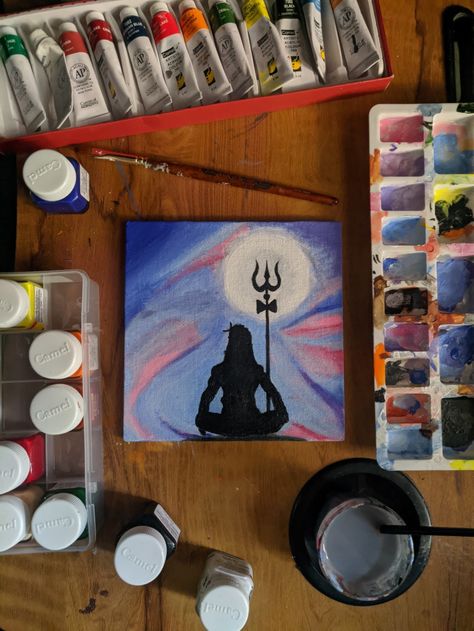 Lord Shiva Canvas Painting Easy, Shiva On Canvas, Shiva Canvas Painting Easy, Natural Scenery Canvas Painting, Shiva Painting Easy, Mahashivratri Paintings, Mini Canvas Art Shiva, Shiva Painting On Canvas, Hindu Art Paintings