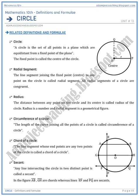 Adamjee Coaching: Circle - Definitions and Formulae - Mathematics 10th Circle Geometry Notes, Circle Meaning, Mathematics Quotes, Circle Formula, Algebra Notes, Formula Chart, Geometry Notes, Math Formula Chart, School Study Ideas