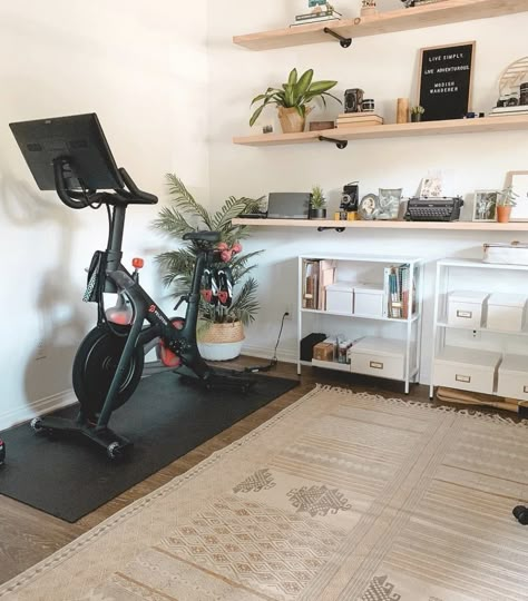 in the office I'm hoping I can have a fold down couch for guests to sleep Office/workout Room, Peloton Room Ideas, Home Office And Gym, Peloton Room, Small Home Gyms, Home Gym/office, Office Workout, Small Home Gym, Workout Room Home