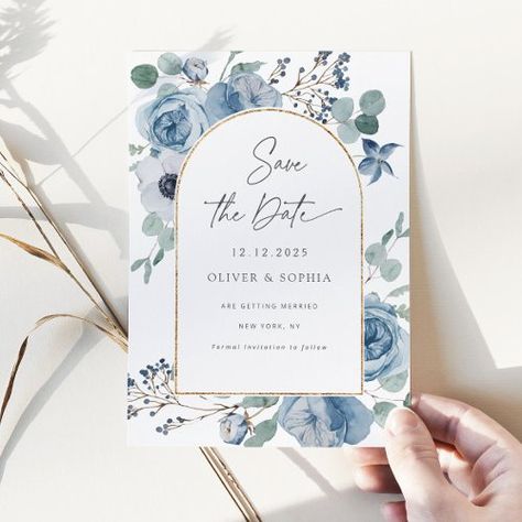 $2.92 | Dusty blue floral gold arch Save the date #elegant, wedding, dusty blue, floral, watercolor, eucalyptus, save the date, gold foil, arch, calligraphy Funny Save The Dates, Blue Bridal Shower, Rustic Save The Dates, 2025 Wedding, Floral Save The Dates, Date Invitation, Blue Theme, Wedding 2025, Dusty Blue Weddings