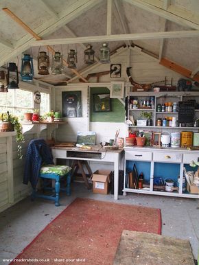 Garage Art Studio, Home Art Studios, Prefab Sheds, Craft Studios, Art Shed, Shed Interior, Craft Shed, Studio Shed, Art Studio Space