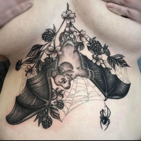 Bat Tattoo Underbust, Bat Underbust Tattoo, Bat Sternum Tattoo Women, Bat Tattoo Sternum, Sternum Tattoo Large, Bat Chest Tattoo Female, Sternum Bat Tattoo, Plus Size Sternum Tattoo, Gothic Underboob Tattoo