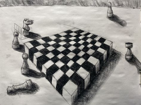 Sketches Of Chess Pieces, Chess Board Sketch, Ludo Drawing, Chessboard Drawing, Chess Drawing Sketch, Chess Board Drawing, Chess Drawing, Draw Learning, 3d Chess