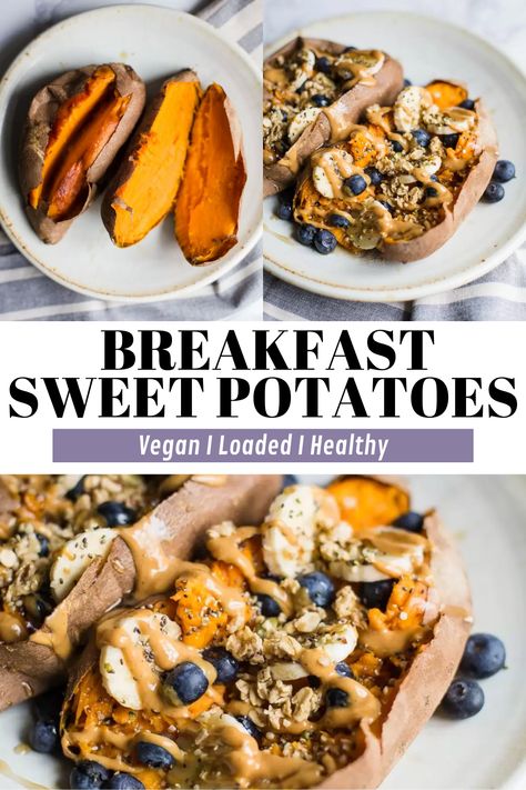 Loaded Breakfast Sweet Potatoes- sweet potatoes are perfect for breakfast! This recipe is easy to make and FULLY vegan. Also makes a great dessert recipe! Breakfast Sweet Potatoes, Sweet Potato Honey, Brekky Ideas, Breakfast Sweet Potato, Baked Breakfast, Stuffed Sweet Potatoes, Daniel Fast Recipes, Loaded Sweet Potato, Simply Quinoa