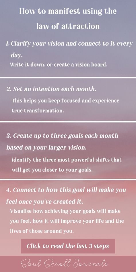 Learn how to manifest what you want using the law of attraction in 7 simple steps! Learn how to create clarity, set intentions, and achieve your goals. #SoulScrollJournals #manifesting #manifestationtips #manifestation #lawofattraction Manifestation Frequency, Spiritual Manifestation, Creating A Vision Board, Attraction Quotes, Law Of Attraction Tips, Manifestation Law Of Attraction, Law Of Attraction Affirmations, Manifesting Money, Manifestation Journal