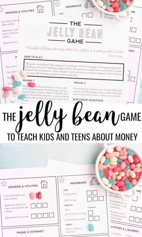 'The Jelly Bean Game' is a fun way to teach kids about money. Helping kids and teens learn how to manage a budget is so important and this money management game makes it easy to understand! #budgeting #moneymanagement #teachkidsaboutmoney #budgetinglesson #teenbudgetinglesson #thejellybeangame #thebeangame #budgetinggame #moneymanagementgame #money #budget #budgetingideas #homeschool #teaching #finance Fun Budgeting Activities, Teaching Budgeting To Teens, Teaching Kids About Money, Budgeting For Teens, Financial Literacy For Kids, Money Games For Kids, Jelly Bean Game, Kids Money Management, Financial Literacy Lessons