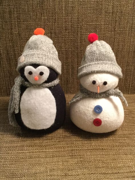 Sock Penguin and Snowman Penguin Sock Craft, Christmas Sock Dolls, Snowman Sock Craft, Diy Penguin Crafts, Sock Penguin, Snowman Sock, Lightbulb Ornaments, Easy Christmas Crafts For Kids, Sock Snowman Craft