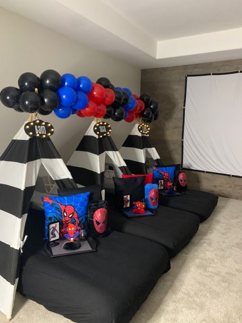 Spiderman Tent Party, Boys Slumber Party Ideas Sleepover, Marvel Sleepover Ideas, Boy Sleepover Party Ideas, Spider Man Sleepover Ideas, Spiderman Sleepover, Kids Sleepover Ideas Boys, Boys Birthday Sleepover Ideas, Slumber Party Ideas For Boys