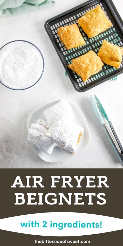 Easy 2 ingredient Air Fryer Beignets! Made with buttery puff pastry and coated with powdered sugar with no oil! Ready in 9 minutes! | The Bitter Side of Sweet Recipes Beignets, Beignet Recipe, Air Fryer Oven Recipes, Air Fry Recipes, Air Fryer Dinner Recipes, Cooking Spray, Air Fryer Recipes Easy, Air Fryer Recipes Healthy, Recipe Ingredients