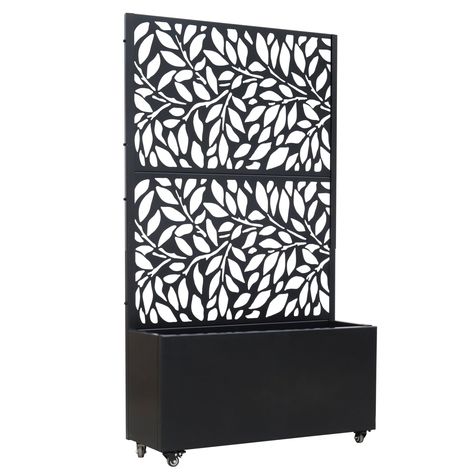 PRICES MAY VARY. This listing features a rolling metal planter with a laser-cut trellis, measuring 36 inches in width, 64 inches in height, and 12 inches in planter depth, perfect for enhancing your space with elegance and versatility. Handcrafted from metal panels with a sleek black powder coat finish, this durable planter combines style and functionality for both indoor and outdoor environments, featuring a 16-gauge steel trellis screen with a sophisticated leaf pattern. Designed for ease of m Lattice Wall Outdoor Patio, Black Lattice Privacy Screens, Trellis Screen, Steel Trellis, Lattice Privacy Screen, Privacy Planter, Elevated Planter, Outdoor Privacy Screen, Elevated Planter Box