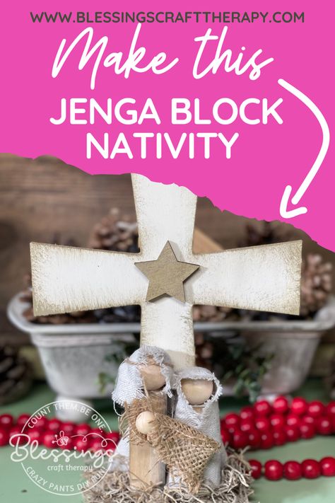 Crafts With Jenga Blocks Dollar Stores, Jenga Block Wreath, Jenga Nativity Ornament, Jenga Block Nativity Ornaments, Easy Diy Nativity Scene, Dollar Store Jenga Block Crafts Christmas, Christmas Crafts Jenga Blocks, Jenga Nativity, Dollar Tree Nativity Crafts