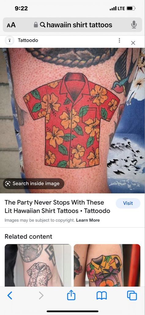 Hawaiian Shirt Tattoo, Tattoos And Piercings, Tattoo Design, Hawaiian Shirt, Tatting, Tattoo Ideas, Piercings, Tattoo Designs, Tattoos