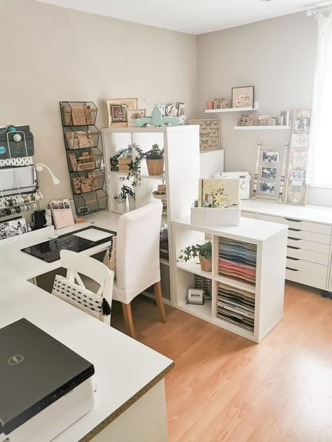 29 Unique Home Office Workshop Ideas for Inspired Productivity - placeideal.com Work From Home Office And Craft Room, U Desk Office Layout, Craft And Lounge Room, Three Desks In One Room, Workshop Home Design, 2 Person Desk Ideas, Bonus Room Craft Room Ideas, Home Office With Craft Space, 10x10 Office Ideas