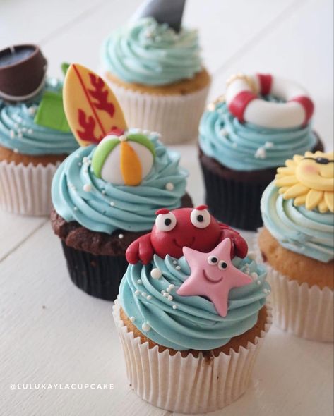 Beach Theme Cupcakes, Beach Cupcakes, Animal Cupcake, Cupcake Inspiration, Summer Cupcakes, Cupcake Cake Designs, Animal Cupcakes, Creative Cupcakes, How To Make Cupcakes