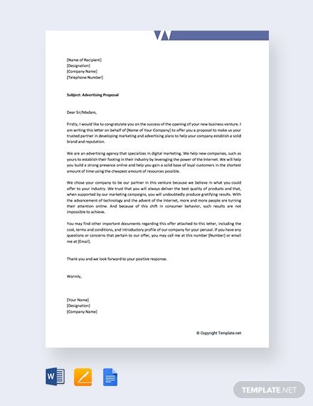 Offer up your best advertising and marketing package deals with this Free Advertising Proposal Letter template. Put out your best foot forward in introducing your advertising company by filling in your information using MS Word, Google Docs, or Apple Pages. Make sure to download this template today! Website Proposal, Hoarding Design, Offer Letter, Slang Phrases, Marketing Proposal, Radio Advertising, Proposal Letter, Letter Template Word, Custom Lps