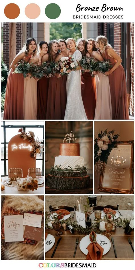 Bronze brown bridesmaid dresses on sale under $100, in 600+ custom-made styles and all sizes, white bridal gown, greenery bouquet and centerpieces, bronze brown and white wedding cake, wedding napkins, wedding welcome sign and wedding invitations. #colsbm #bridesmaids #bridesmaiddresses #weddingideas #brownwedding #bronzebrownwedding #weddinginvitations #weddingcake #weddingwelcomesign #weddingcenterpieces #bronzebrowndress b2258 Bronze Wedding Theme, Brown And White Wedding, Bronze Bridesmaid Dresses, Fall Bridesmaid Dress Colors, Brown Wedding Dress, Copper Bridesmaid Dresses, Brown Wedding Themes, Fall Wedding Bridesmaids, Brown Bridesmaid Dresses