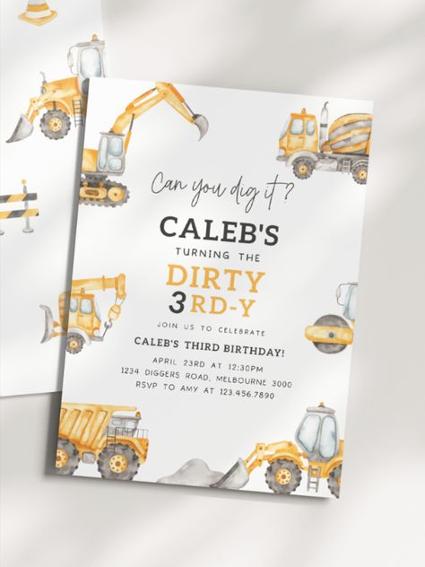 Third Birthday Theme Boy, 3rd Birthday Boy, Construction Party Invitations, Third Birthday Boys, 3rd Birthday Party For Boy, Third Birthday Invitations, 3rd Birthday Boys, Construction Trucks, Construction Birthday Parties